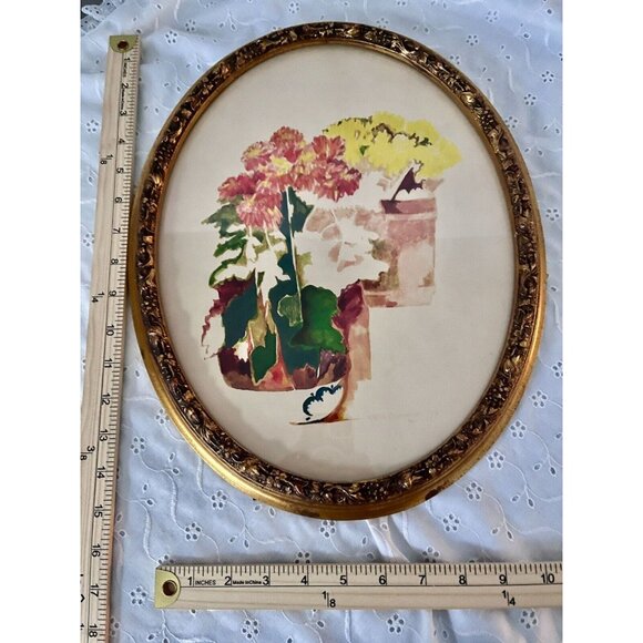 Vintage Oval Floral Watercolor Flower Pots on Steps In Ornate Gold Frame - Picture 2 of 12